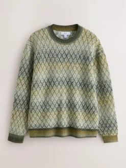 Hot Next Khaki Green Relaxed Fit Ombre Diamond Pattern Texture Crew Neck Jumper with Wool