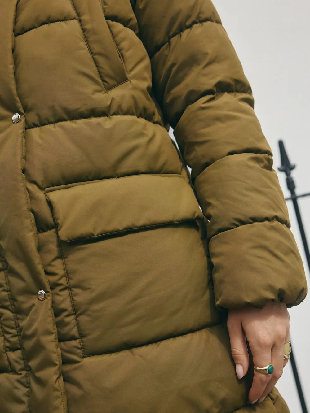 Hot Next Khaki Green Shower Resistant Padded Hooded Longline Coat