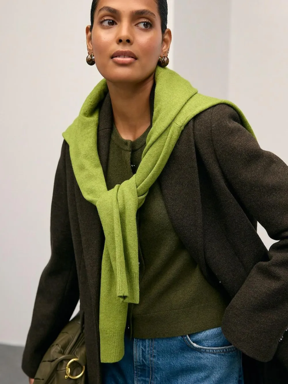 Next Khaki Green Slim Supersoft Crew Neck Cardigan with Wool^Women Knitwear|Knitwear
