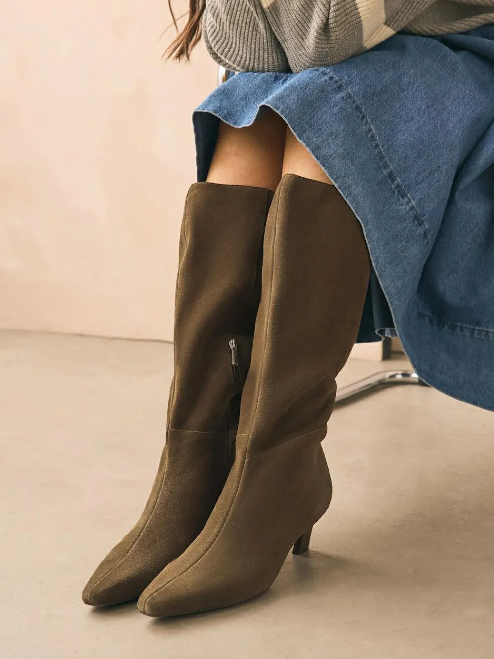 Outlet Next Forever Comfort® Knee High Chisel Toe Heeled Boots Khaki Green Suede