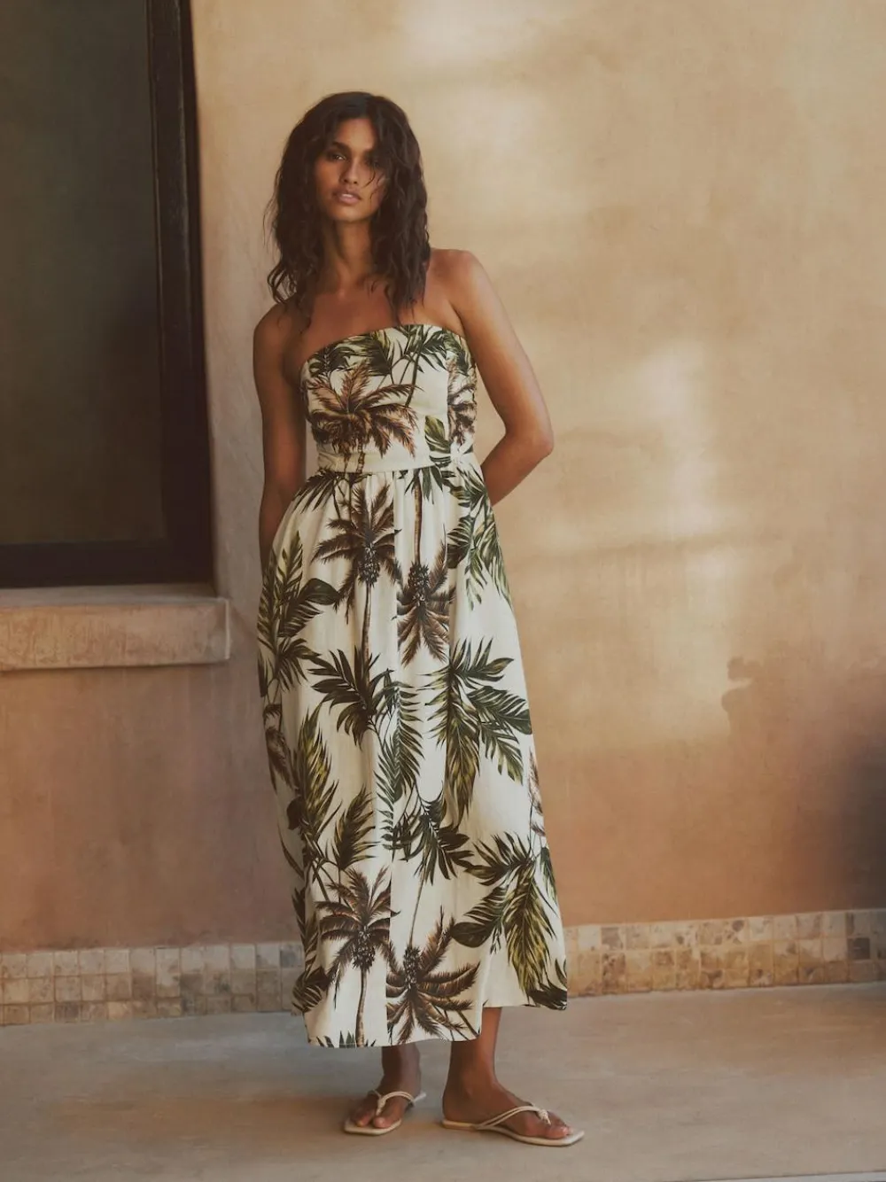 Next Ruched Bandeau Midi Dress with Linen^Women Dresses|Midi Dresses