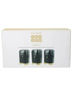 Kitchencraft Green Textured Geometric Tea Coffee Sugar Canisters Set^ Storage & Organisation