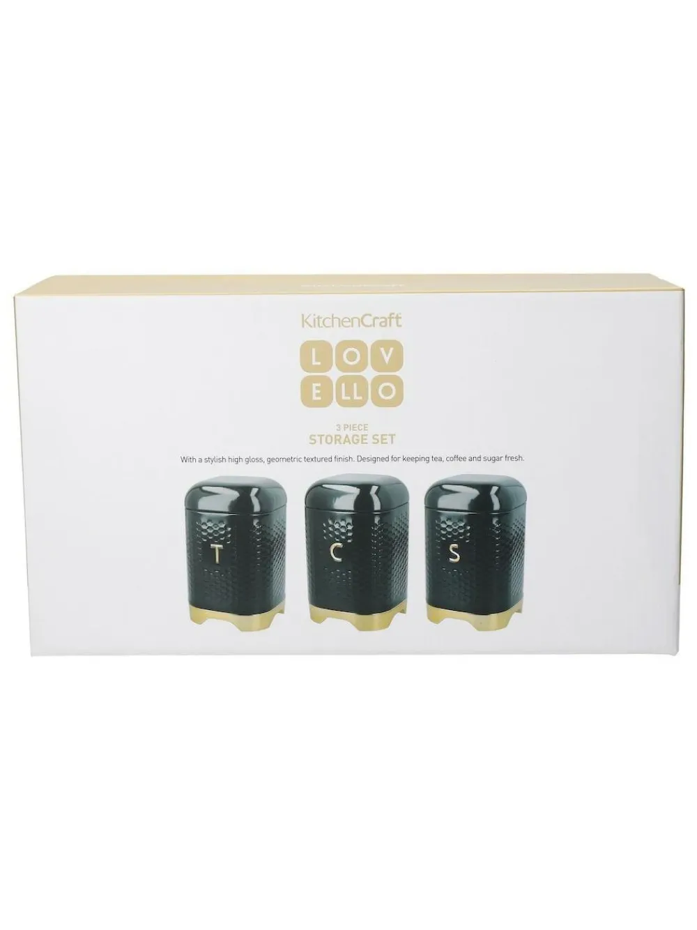 Kitchencraft Green Textured Geometric Tea Coffee Sugar Canisters Set^ Storage & Organisation