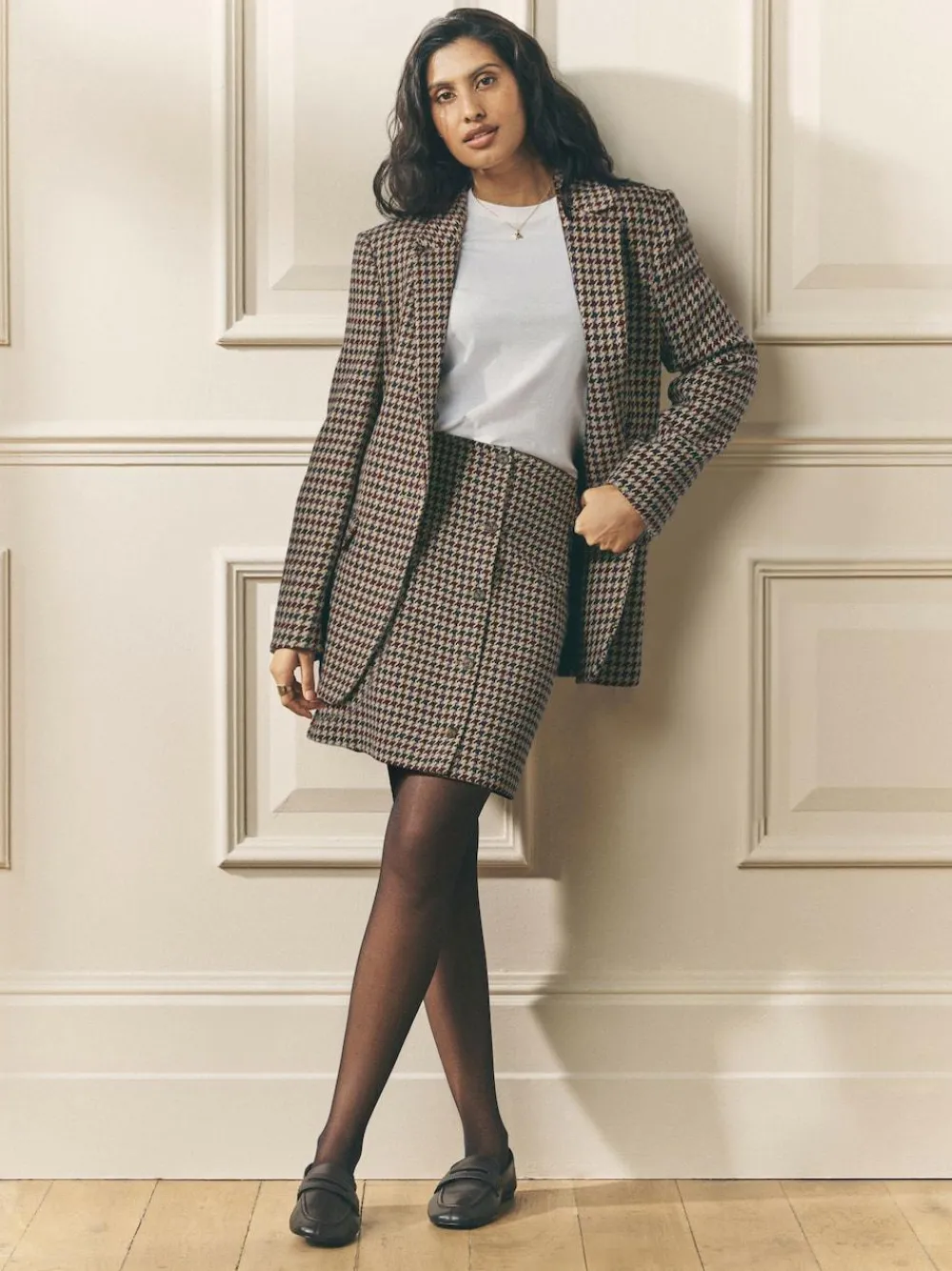 Laura Ashley Heritage Dogtooth Check Blazer with Wool Brown