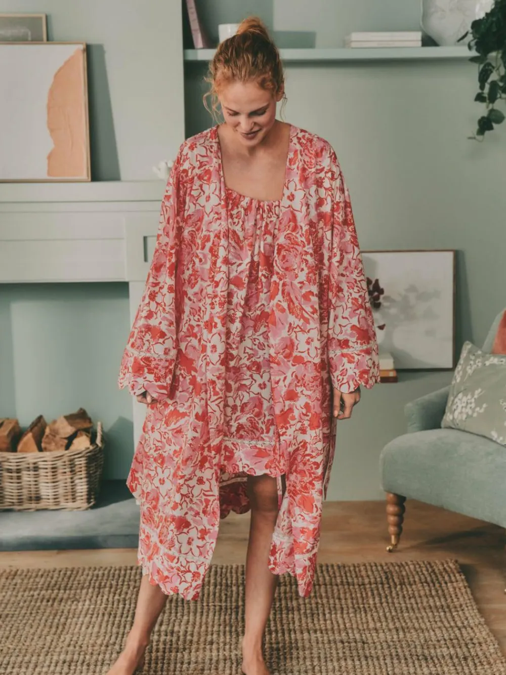 Laura Ashley Pink Peony Cotton Scalloped Woven Robe^Women Bathrobes