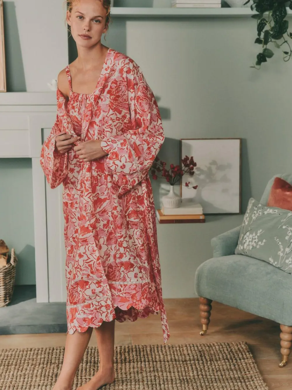 Laura Ashley Pink Peony Cotton Scalloped Slip Nightie^Women All Night & Lounge