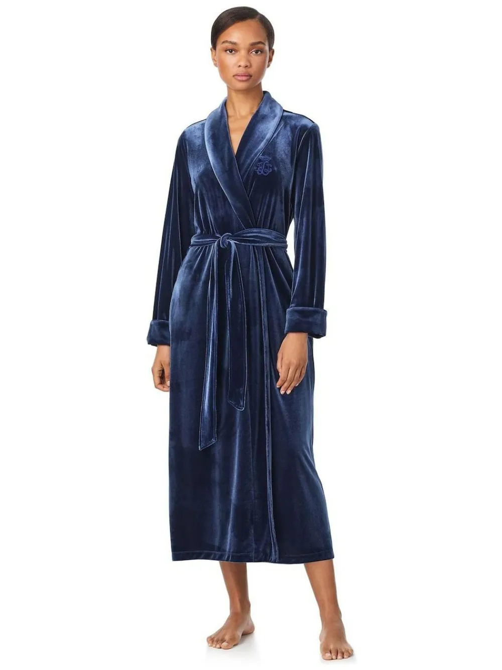 Lauren Ralph Lauren Blue Velvet Long Sleeve Shawl Collar Robe