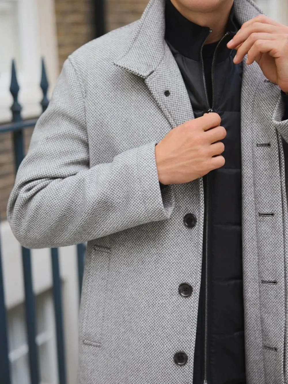 Online Next Wool Blend Mock Gilet Herringbone Padded Coat Light Grey