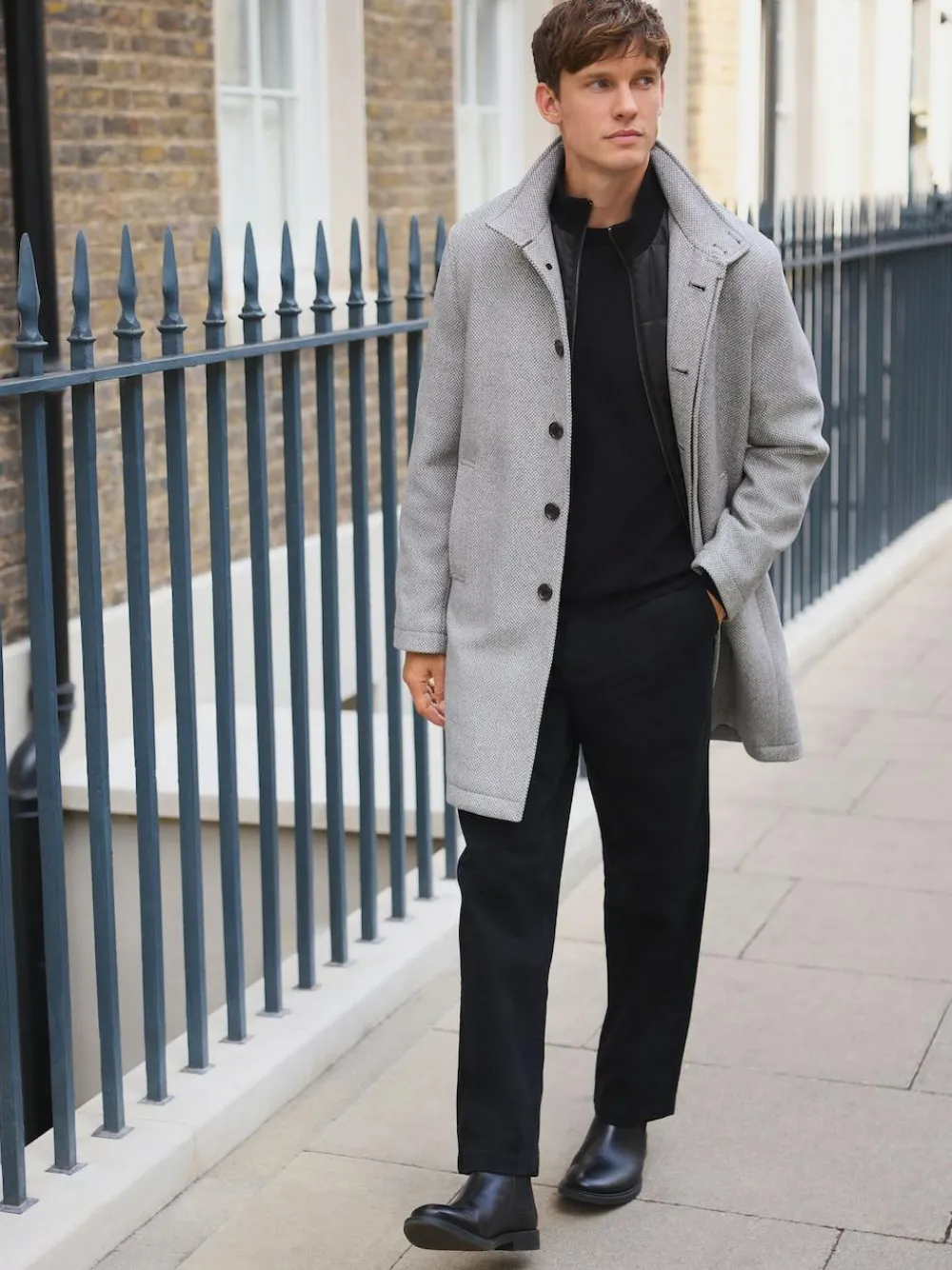 Online Next Wool Blend Mock Gilet Herringbone Padded Coat Light Grey
