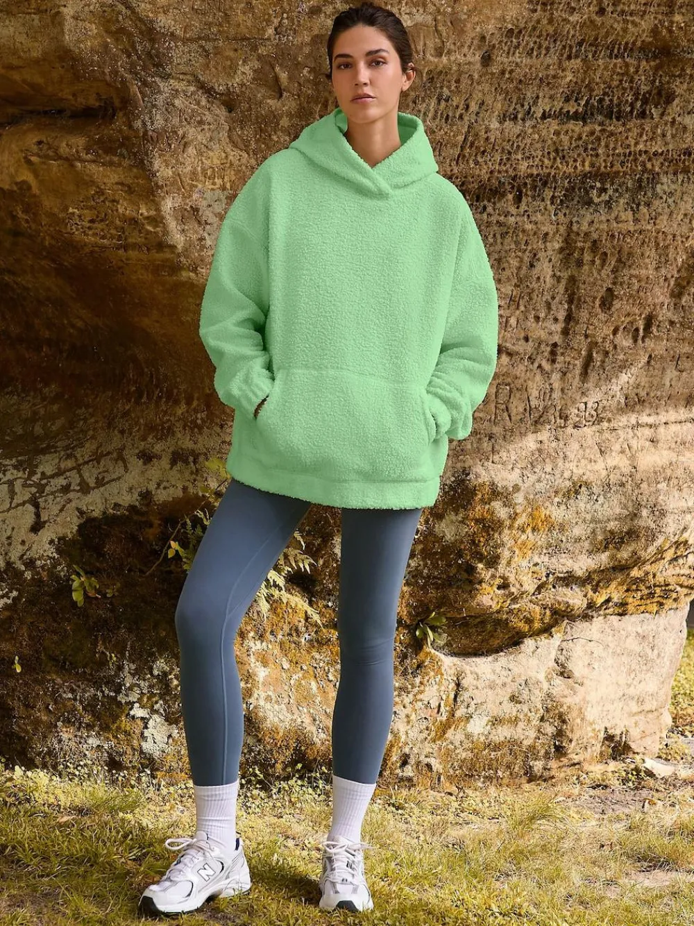 Online Next Soft Teddy Borg Longsleeve Hoodie Lime Green