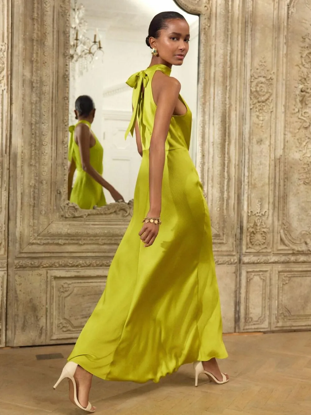 Next Lime Green Textured Satin Halter Sleeveless Midi Dress^Women Maxi Dresses
