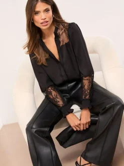 Lipsy Black Lace Detail Grandad Shirt^Women Tops & T-Shirts|Blouses & Shirts