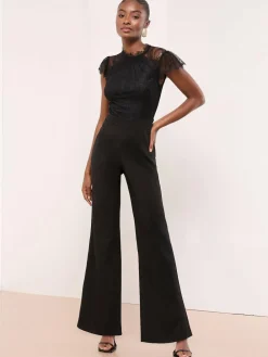 Lipsy Black Lace High Neck Short Sleeve Jumpsuit