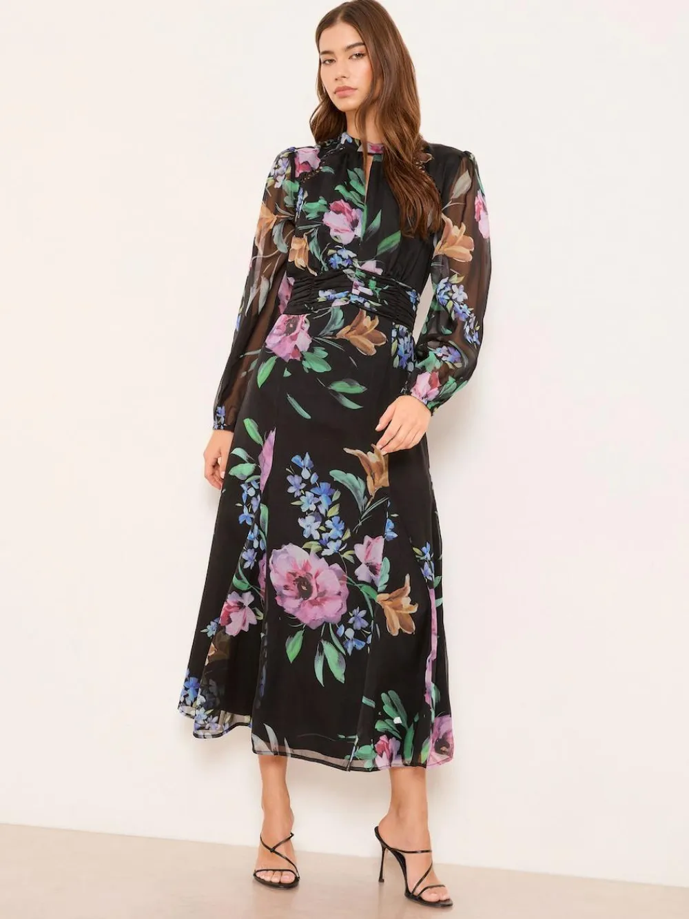 Sale Lipsy Black Long Sleeve Woven Floral Midi Dress