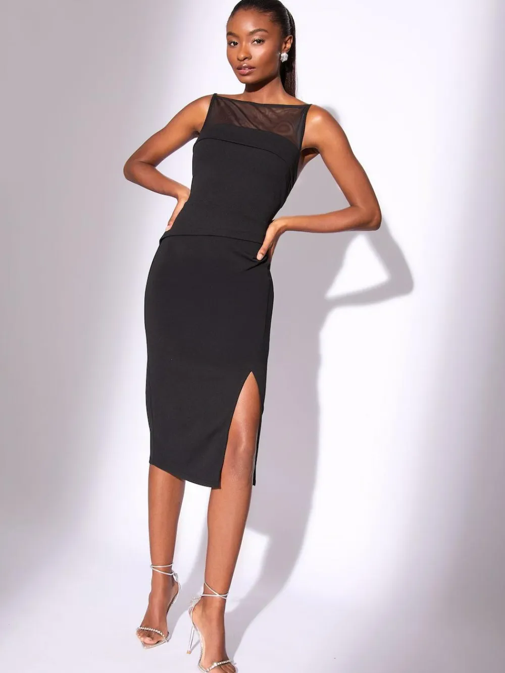 Lipsy Black Mesh Mix Sleeveless Bodycon Midi Dress^Women Occasion Dresses