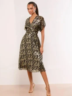 Lipsy Black Metallic Printed V-Neck Fit And Flare Midi Dress^Women Occasion Dresses|Midi Dresses