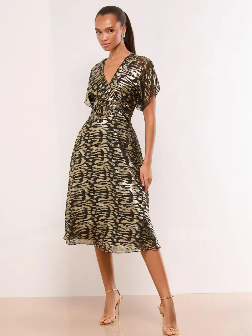 Lipsy Black Metallic Printed V-Neck Fit And Flare Midi Dress^Women Occasion Dresses|Midi Dresses