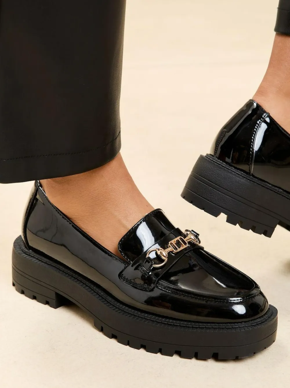 New Lipsy Wide Fit Chunky Snaffle Trim Detail Faux Leather Loafers Black Patent