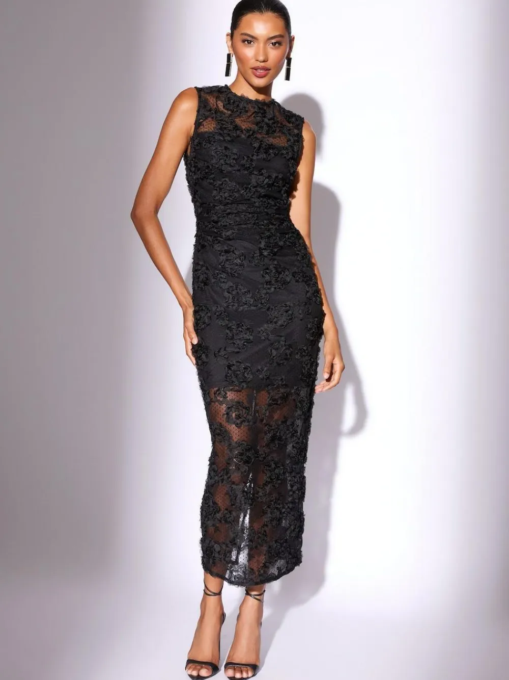 Lipsy Black Petite 3d Floral Mesh Midaxi Bodycon Dress^Women Occasion Dresses|Midi Dresses
