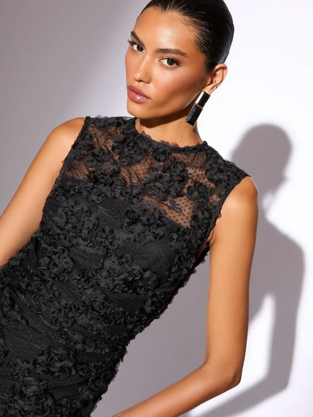 Lipsy Black Petite 3d Floral Mesh Midaxi Bodycon Dress^Women Occasion Dresses|Midi Dresses