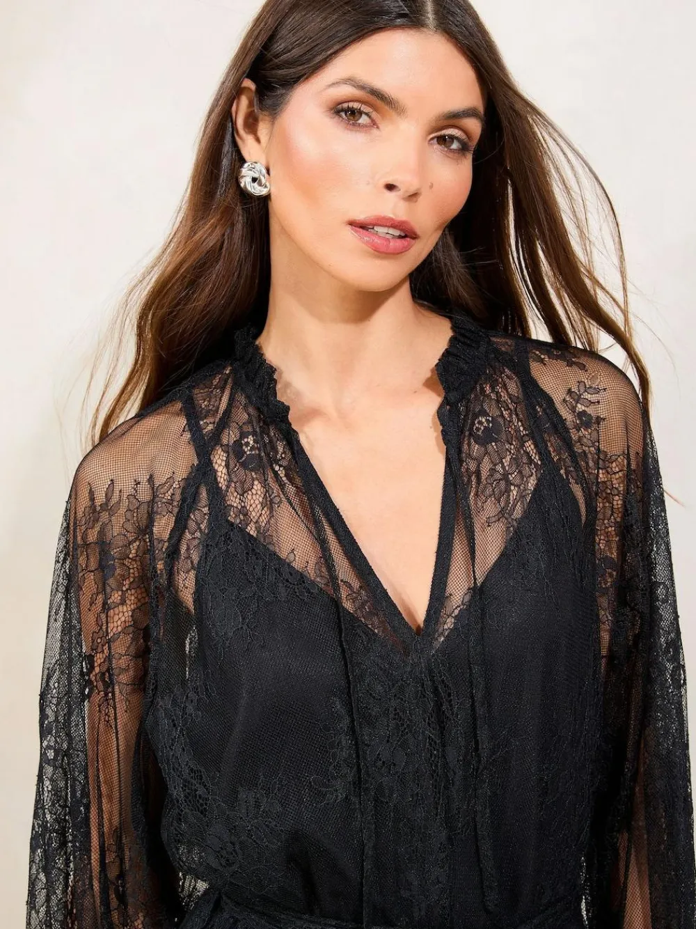 Lipsy Black Petite Lace Ruffle Long Sleeve Midi Dress^Women Occasion Dresses