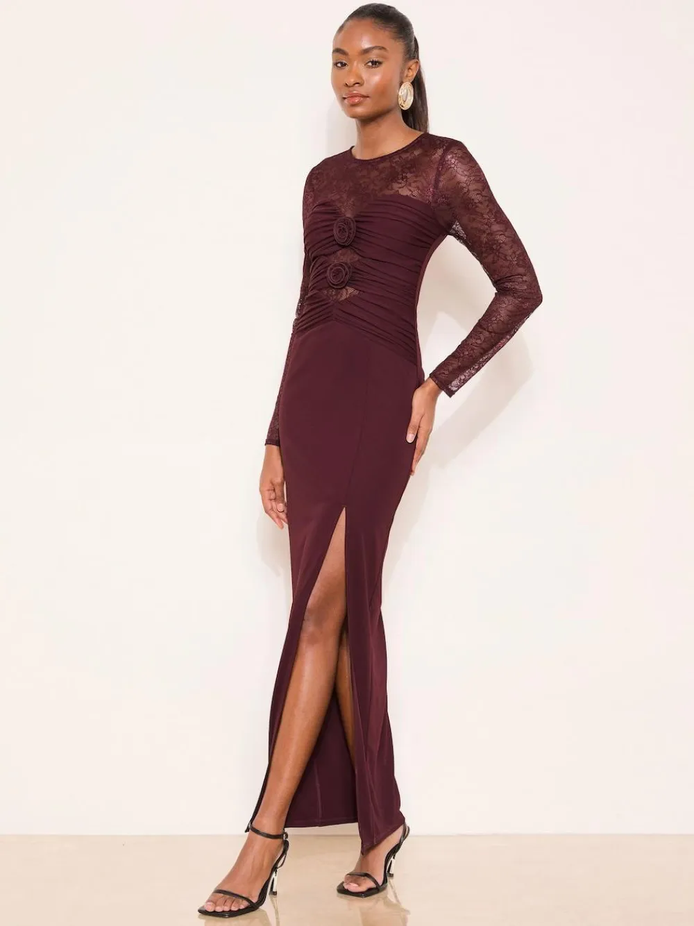 Best Lipsy Burgundy Red Burgundy Lace Trim Ruched Maxi Dress