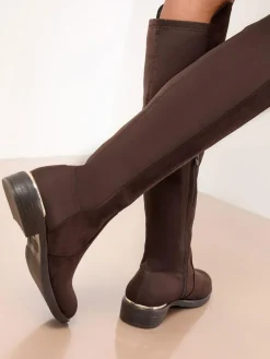 New Lipsy Wide Fit Faux Suede Elasticated Flat Knee High Casual Boots Chocolate Brown