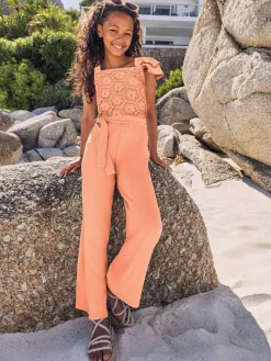 New Lipsy Coral Orange Crochet Holiday Shop Jumpsuit (5-16yrs)