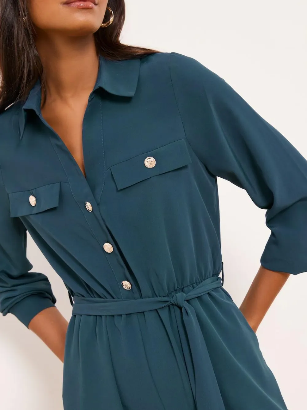 Best Lipsy Dark Green Petite Utility Belted Military Buttoned V-Neck Jumpsuit