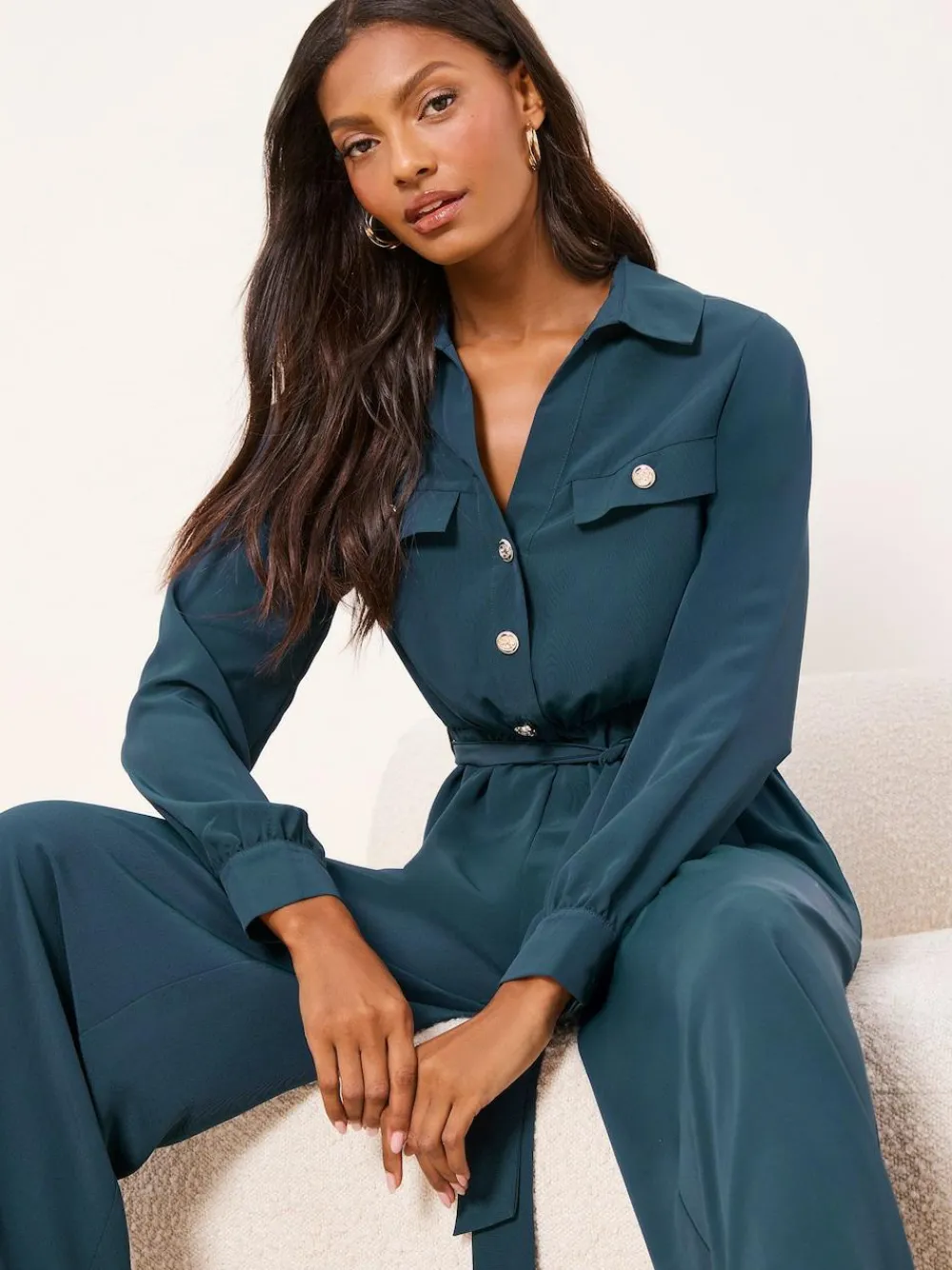 Best Lipsy Dark Green Petite Utility Belted Military Buttoned V-Neck Jumpsuit