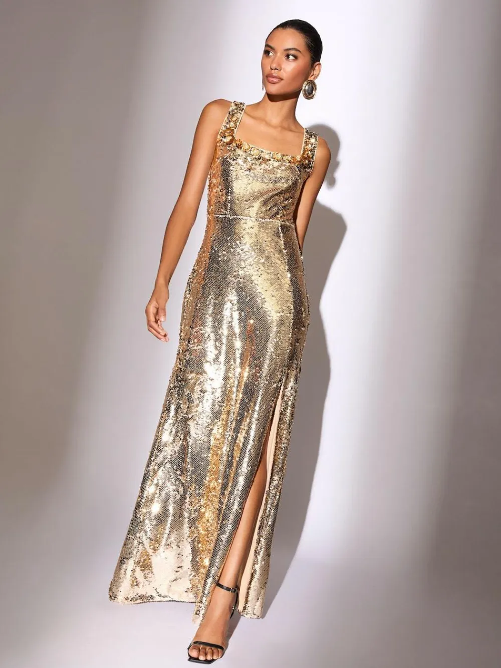 Lipsy Gold Premium Flower Trim Sequin Square Neck Maxi Dress