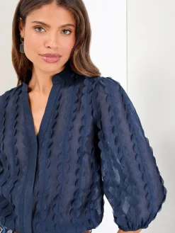 Best Lipsy 3D Fabric Grandad Collar Short Sleeve Shirt Navy Blue