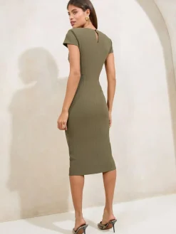 Lipsy Olive Green Short Sleeve Ruched Asymmetric Detail Midi Dress^Women Midi Dresses|Occasion Dresses