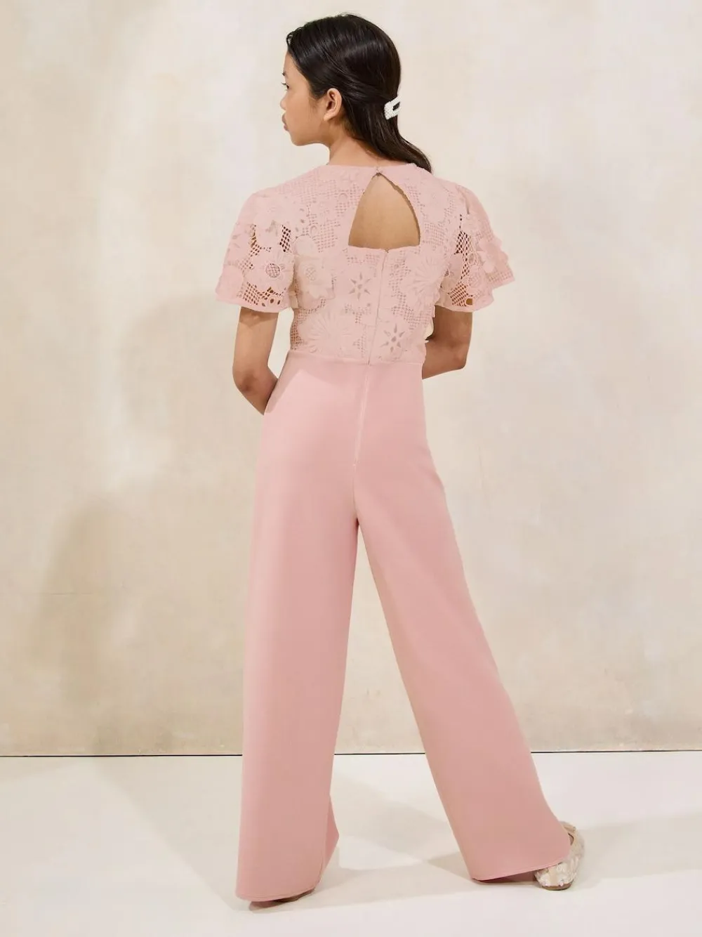 New Lipsy Pink 2-In-1 Flutter Sleeve Lace Occasion Jumpsuit (5-16yrs)