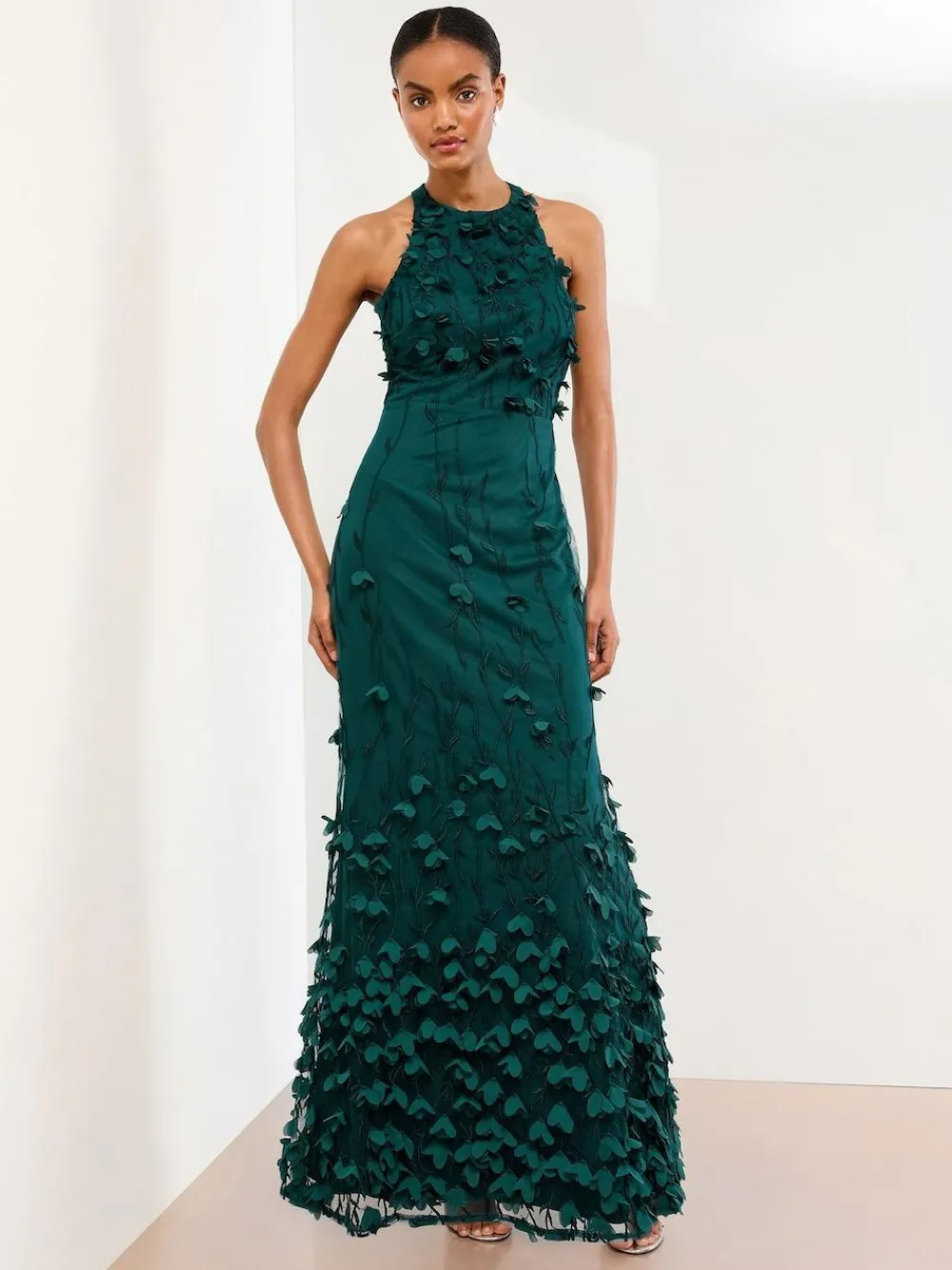 Outlet Lipsy Teal Blue Petite Premium Floral 3D Textured Halter Maxi Dress