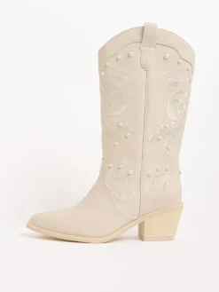 Sale Lipsy White Bridal Pearl Embellished Mid Calf Western Boots