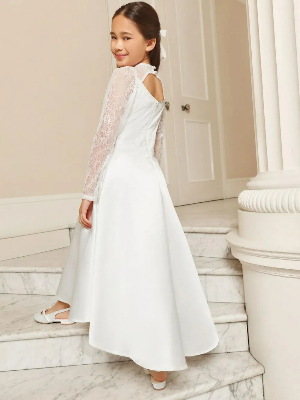 Lipsy White Holy Communion Long Sleeve Lace Satin Occasion Dress (7-11yrs)^ Occasionwear|Dresses