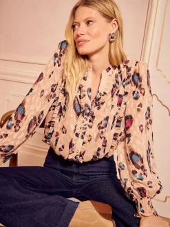 Love & Roses Beige Animal Notch Neck Long Sleeve Blouse^Women Tops & T-Shirts|Occasionwear