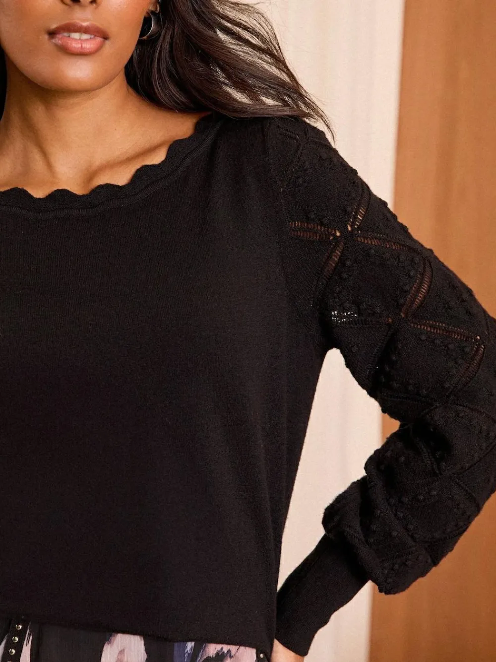Sale Love & Roses Black Bobble Stitch Scallop Knit Jumper