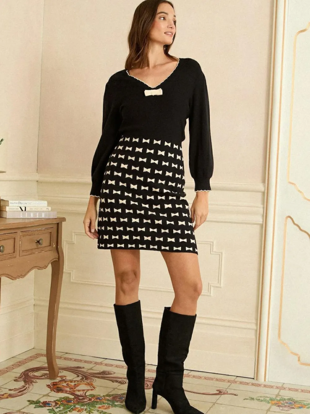Love & Roses Black Bow Print V-Neck Knitted Mini Dress^Women Dresses
