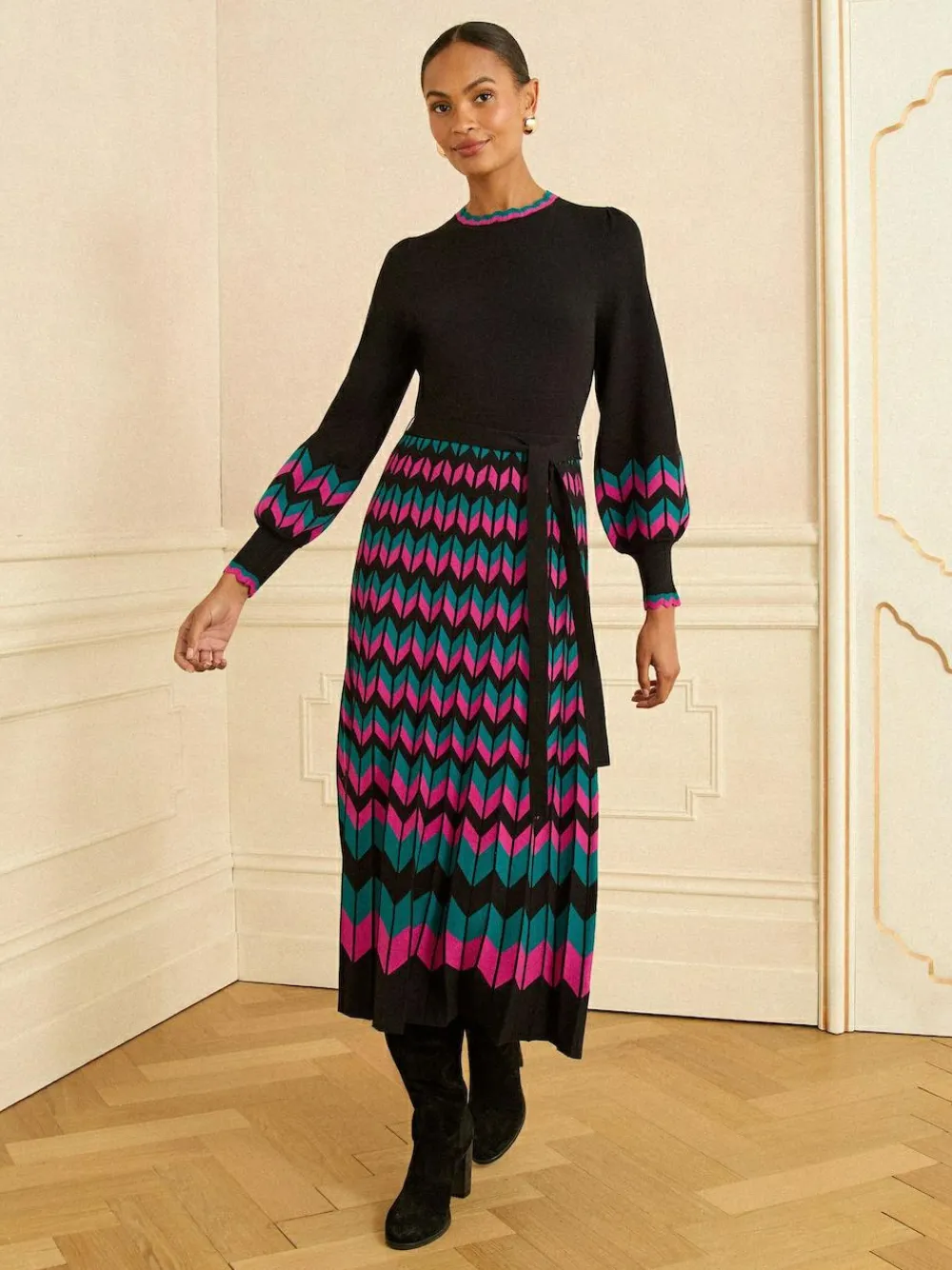 Love & Roses Black Multi Chevron Petite Scallop Knitted Midi Dress^Women Midi Dresses