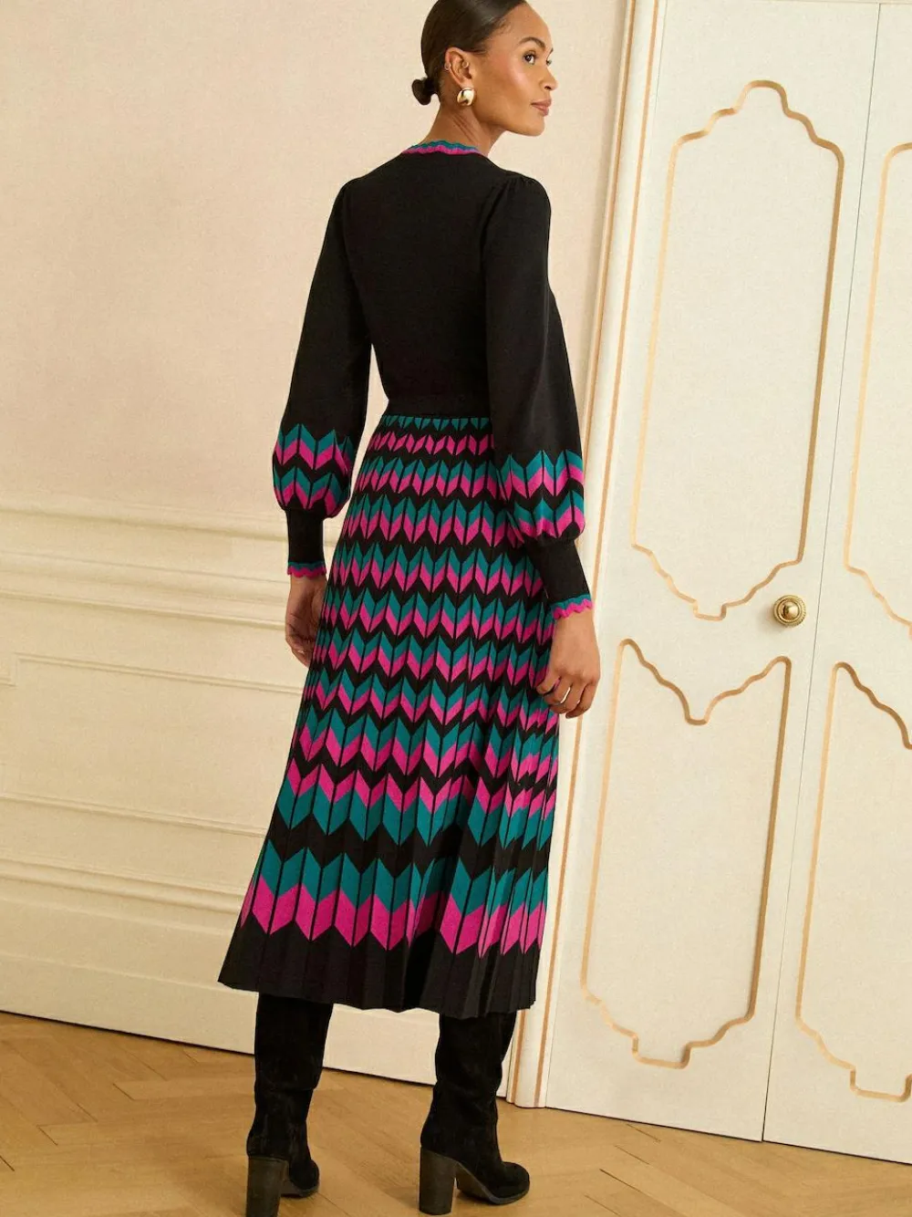 Love & Roses Black Multi Chevron Petite Scallop Knitted Midi Dress^Women Midi Dresses