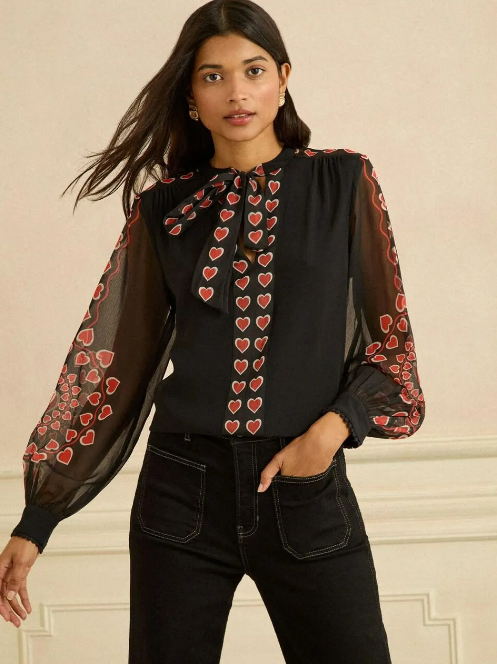 Love & Roses Black Red Heart Long Sleeve Pussybow Blouse^Women Blouses & Shirts