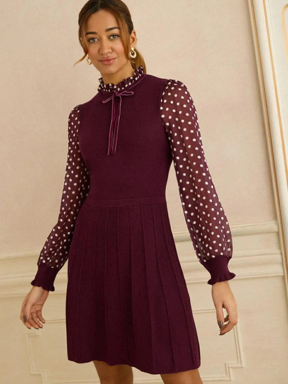 Love & Roses Frill Neck Chiffon Sleeve Knitted Mini Dress^Women Knitwear|Knitwear