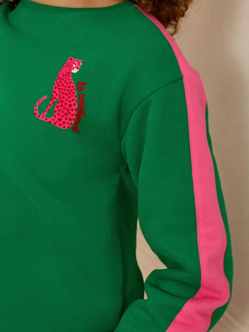 Love & Roses Green Leopard with Pink Stripe Crew Neck Jersey Sweatshirt^Women Nightwear|Hoodies & Sweatshirts