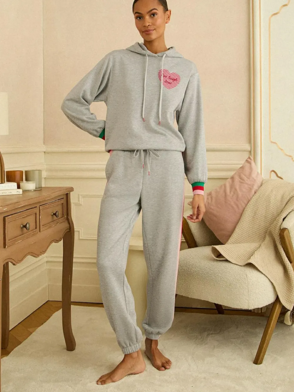 Online Love & Roses Jersey Loungwear Hoodie Grey Rainbow Tipped