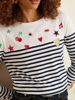 Sale Love & Roses Ivory Stripe Embroidered Top