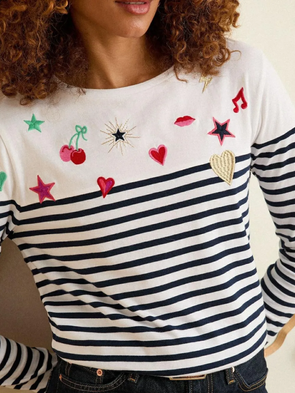 Sale Love & Roses Ivory Stripe Embroidered Top
