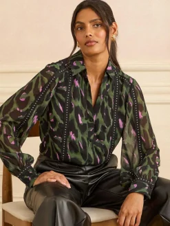 Sale Love & Roses Petite Button Through Long Sleeve Shirt Khaki Green