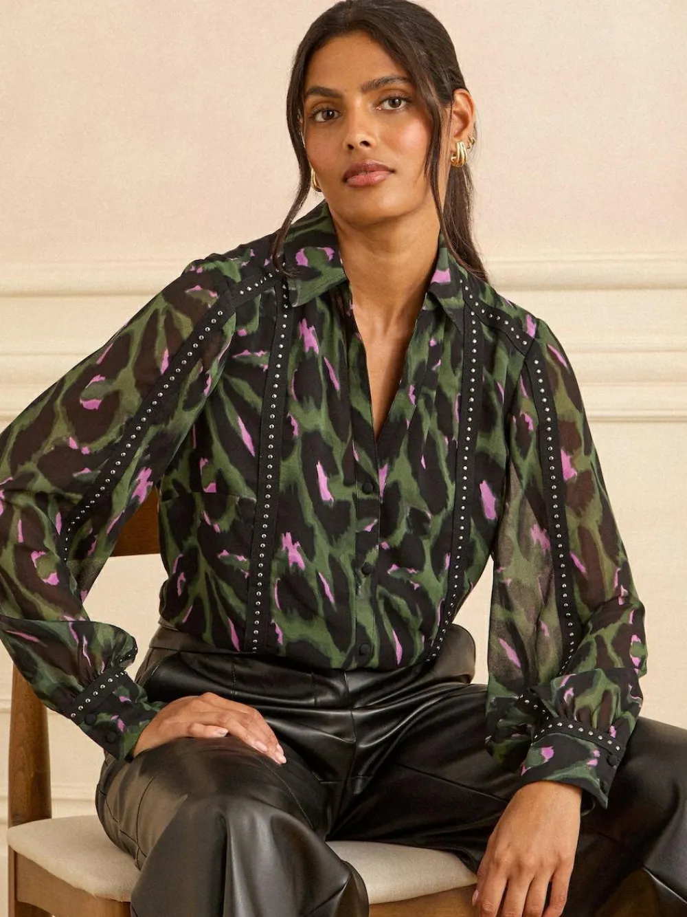 Sale Love & Roses Petite Button Through Long Sleeve Shirt Khaki Green
